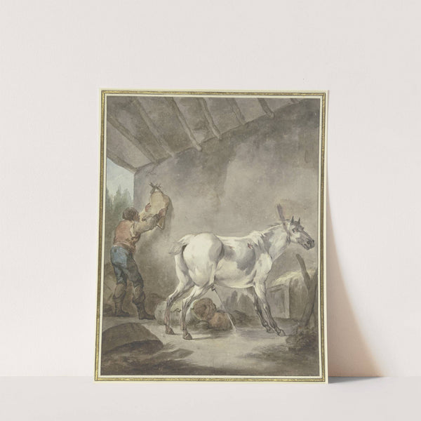 Ein stallender Schimmel mit einem Bauern, der einen Sattel aufhängt by Francesco Giuseppe Casanova