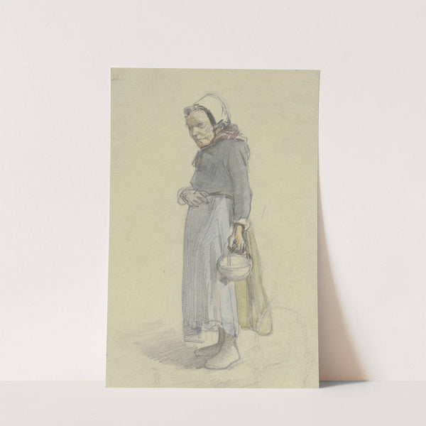 Eine alte Frau nach links gewandt, in der herabhängenden Linken ein Körbchen tragend by Jakob Fürchtegott Dielmann