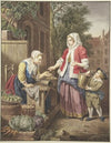 Eine Dame mit einem Knaben kauft Äpfel ein