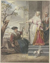 Eine Dame steht mit ihrer Magd vor ihrem Haus und handelt mit einer Fischverkäuferin