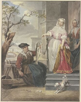 Eine Dame steht mit ihrer Magd vor ihrem Haus und handelt mit einer Fischverkäuferin