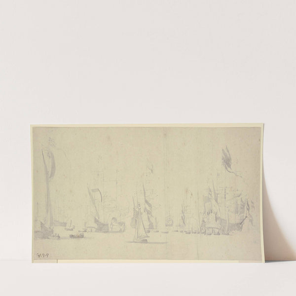 Eine Flotte, rechts das reich beflackte Admiralsschiff, umgeben von vielen Booten by Willem van de Velde the Younger