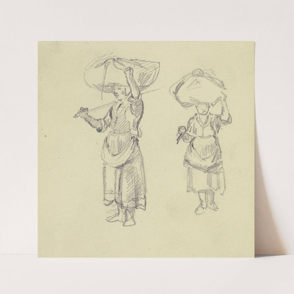 Eine Frau, die ein großes Bündel auf dem Kopf trägt, nach links und von vorne by Jakob Fürchtegott Dielmann