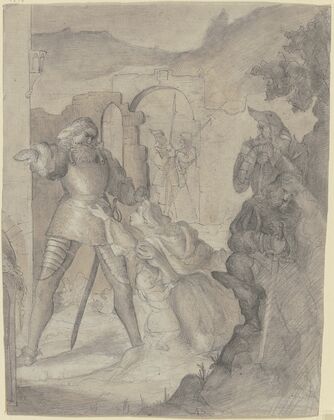 Eine Frau mit einem Kinde kniet flehend vor einem Ritter, daneben andere Ritter und eine Burg