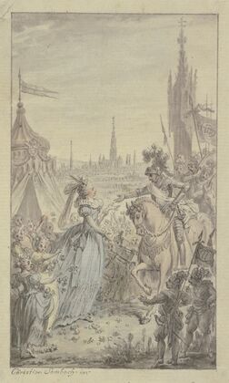 Eine Fürstin und Mädchen mit Blumen empfangen vor einem Zelt einen Ritter zu Pferde