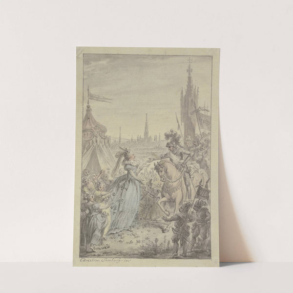 Eine Fürstin und Mädchen mit Blumen empfangen vor einem Zelt einen Ritter zu Pferde by Christian Sambach
