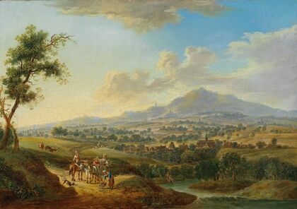 Eine hügelige Flusslandschaft mit Marktfahrern und Anglern