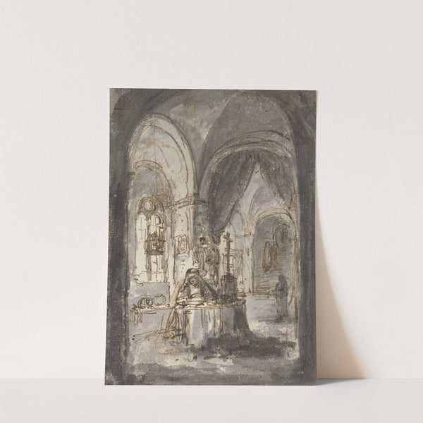 Eine Nonne sitzt in einer Kirche am Altar by Ferdinand Bol