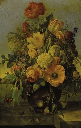Elaborate Floral Bouquet on a Marble Ledge with a Landscape Beyond