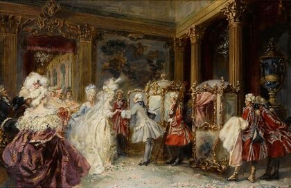 Elegant figures entering sedan chairs in an interior
