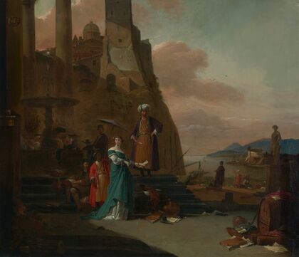 Elegant figures, including a man in Turkish dress, on the quay of a Mediterranean port