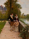 Elegant figures strolling in the park