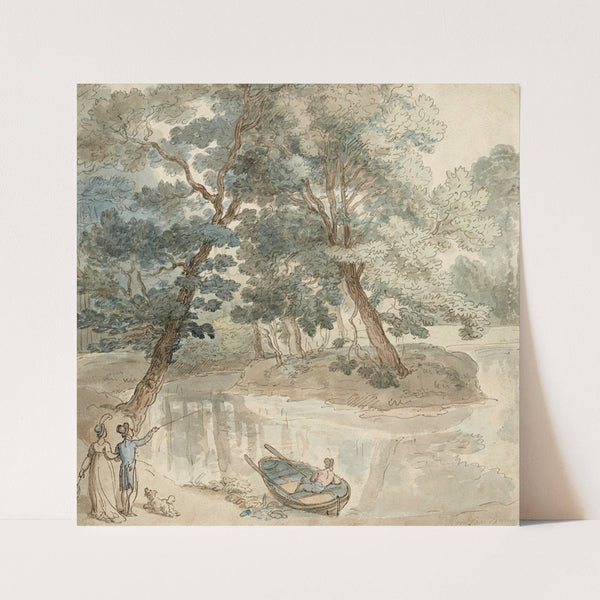 Elegant figures with a dog, by a lake by Thomas Rowlandson