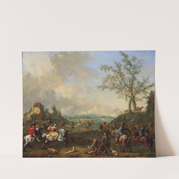 Elegant riders in a hunting scene with falcons by Jan Frans van Bredael
