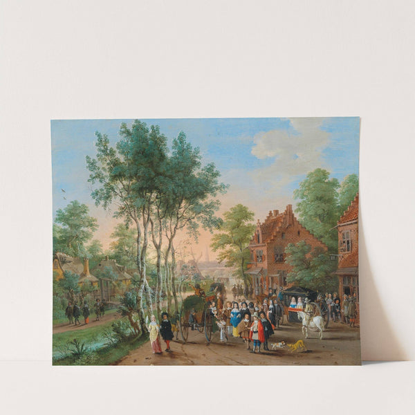 Elegant travellers visiting a village by a river by Peeter Gysels