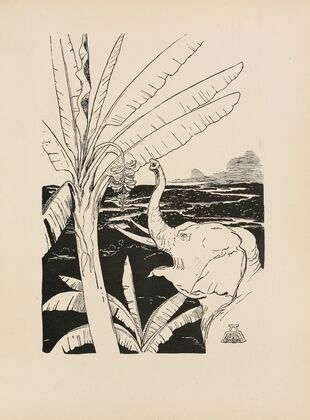 Elephant’s chiild going to pull bananas off the banana tree
