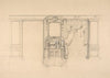 Elevation of a dining room with a carved buffet and window draperies