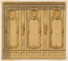 Elevation of an interior showing a wall decorated in ornate panels and mounted statuettes (1830–97)
