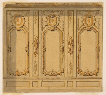 Elevation of an interior showing a wall decorated in ornate panels and mounted statuettes (1830–97)