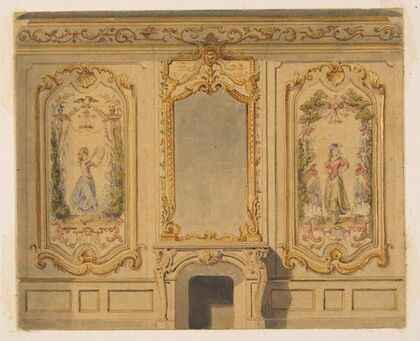Elevation of an interior wall decorated with a chimney piece surmouted by a mirror and flanked with painted panels