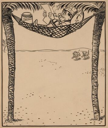 Nine comic strip frames of man dropping molasses and feathers on lions beneath his hammock Pl.1