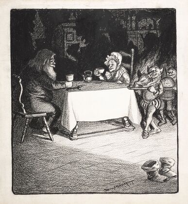 Elves serving dinner to Santa Claus and Mrs Claus (1903)
