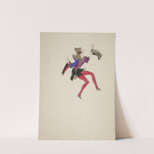 Emperor’s New Clothes: purple and bronze top with one blue sleeve, black skirt, red tights (1934-1943) by Maxine Borowsky