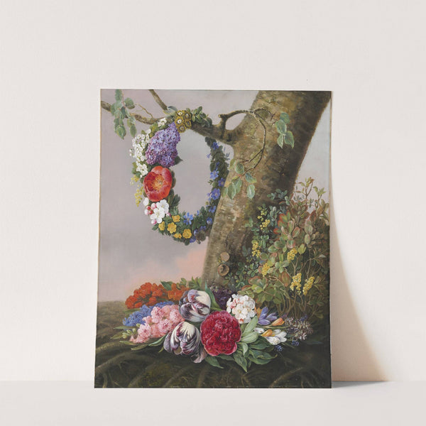En Buket Blomster Ved Foden Af Et Træ. På En Gren Hænger En Blomsterkrans by Christine Løvmand