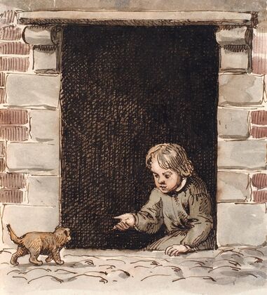 En dreng, der sidder i en kælderdør, lokker for en hundehvalp (1843 - 1845)