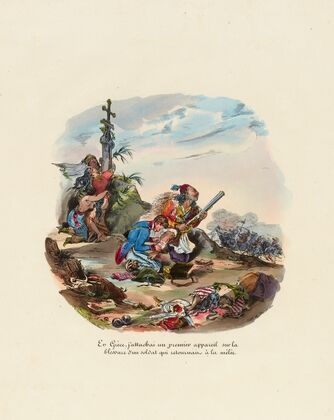 En Grèce, j’attachai un premier appareil sur la blessure d’un soldat qui retournait à la mélée (1828)