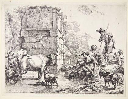 En hyrde vander sine dyr ved en tilgroet ruin