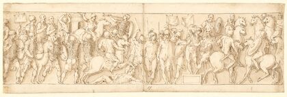 En sarmatisk landsby ødelægges for øjnene af kejseren; barbarer ser til fra et podium; Marcus Aurelius til hest modtager en germansk rytter med en meddelelse