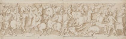 En soldat; germanske ryttere føres til Marcus Aurelius på hesteryg; sarmaterne drives på flugt af romere; påbegyndelsen af en romersk march med dets følge