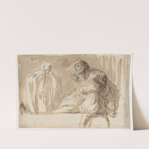 En ung mand peger opad, mens han støtter en død eller besvimet kvinde, i baggrunden en ældre mand med hævet kniv by Michelangelo Merisi da Caravaggio