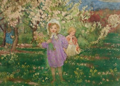 Enfants dans un verger fleuri