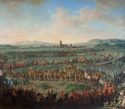 Entrance of the Emperor Franz I. Stephan and his son Joseph (II.) into Frankfurt on March 29, 1764