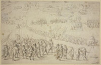 Entwurf zu einer Belagerung, vorne links halten zwei Befehlshaber in der Mitte von Schützen, im Hintergrunde sind Kanonen aufgepflanzt und ein Zug Infanterie