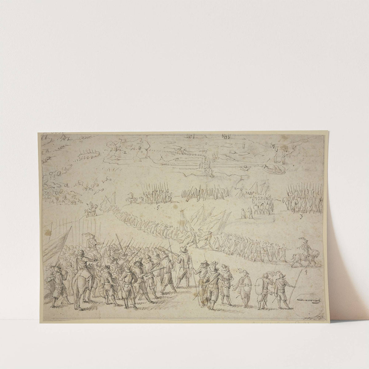 Entwurf zu einer Belagerung, vorne links halten zwei Befehlshaber in der Mitte von Schützen, im Hintergrunde sind Kanonen aufgepflanzt und ein Zug Infanterie — size preview