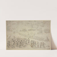 Entwurf zu einer Belagerung, vorne links halten zwei Befehlshaber in der Mitte von Schützen, im Hintergrunde sind Kanonen aufgepflanzt und ein Zug Infanterie by Robert van den Hoecke