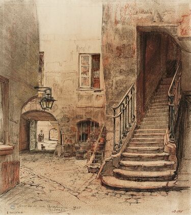 Escalier et cour du 22, rue Chanoinesse (1915-1945)