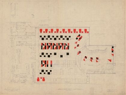 esigns and photographs for alterations to St. James Bar Restaurant, W. 181st St. and Broadway, New York, NY.] [Plan for restaurant layout of booths and tables (1945)
