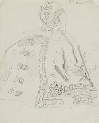 Esquisse de figure assise en robe à noeuds et falbalas, (1864-1874)