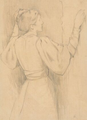 Etude de femme en costume moderne, les bras levés