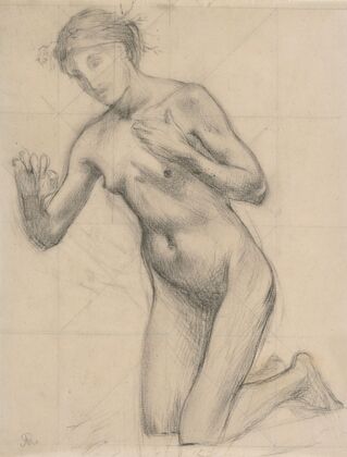 Etude de femme nue agenouillée, visage achevé