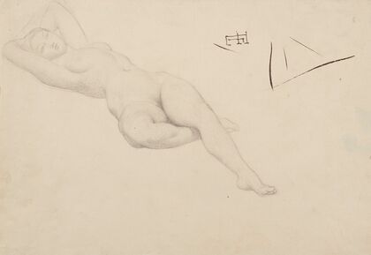 Etude de femme nue couchée, les mains derrière la tête
