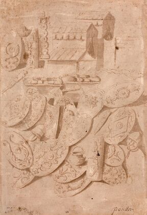 Etude de tentes, casques, boucliers, chaudron et autres objets d’aprÃ¨s la colonne Trajane