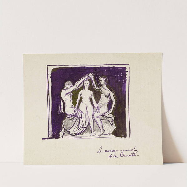 Etude d&#8217;une femme nue entourée de deux hommes nus levant les bras au-dessus de sa tête by Arthur-Joseph Gueniot