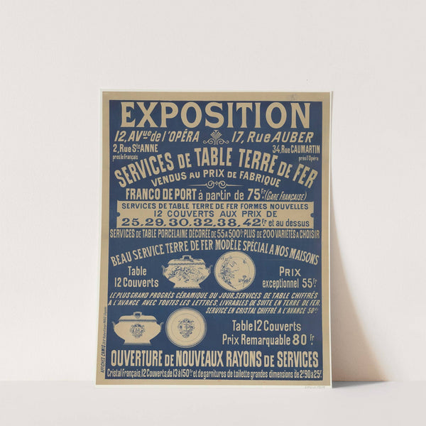 Exposition 12. av. de l&#8217;Opéra, Services de table terre de fer vendus au prix de fabrique (1892) by Imp. Camis