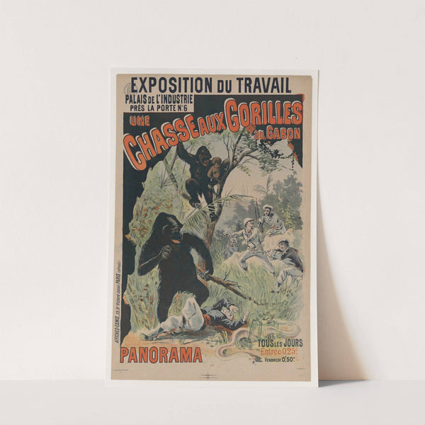 Exposition du travail, Palais de l&#8217;industrie. Une chasse aux gorilles au gabon, panorama (1900) by Imp. Camis