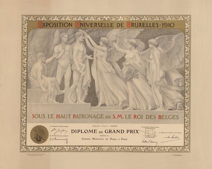 Exposition universelle de Bruxelles 1910 Sous le haut patronage de S. M. le roi des Belges Diplôme de grand prix déc — size preview